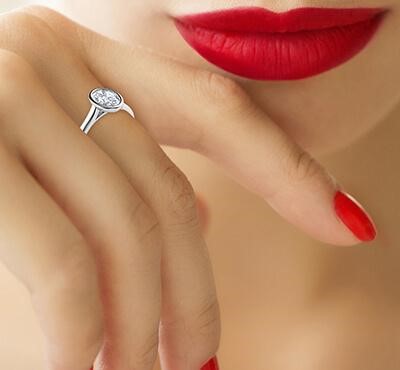 Picture of low profile bezel set Oval diamond on a finger